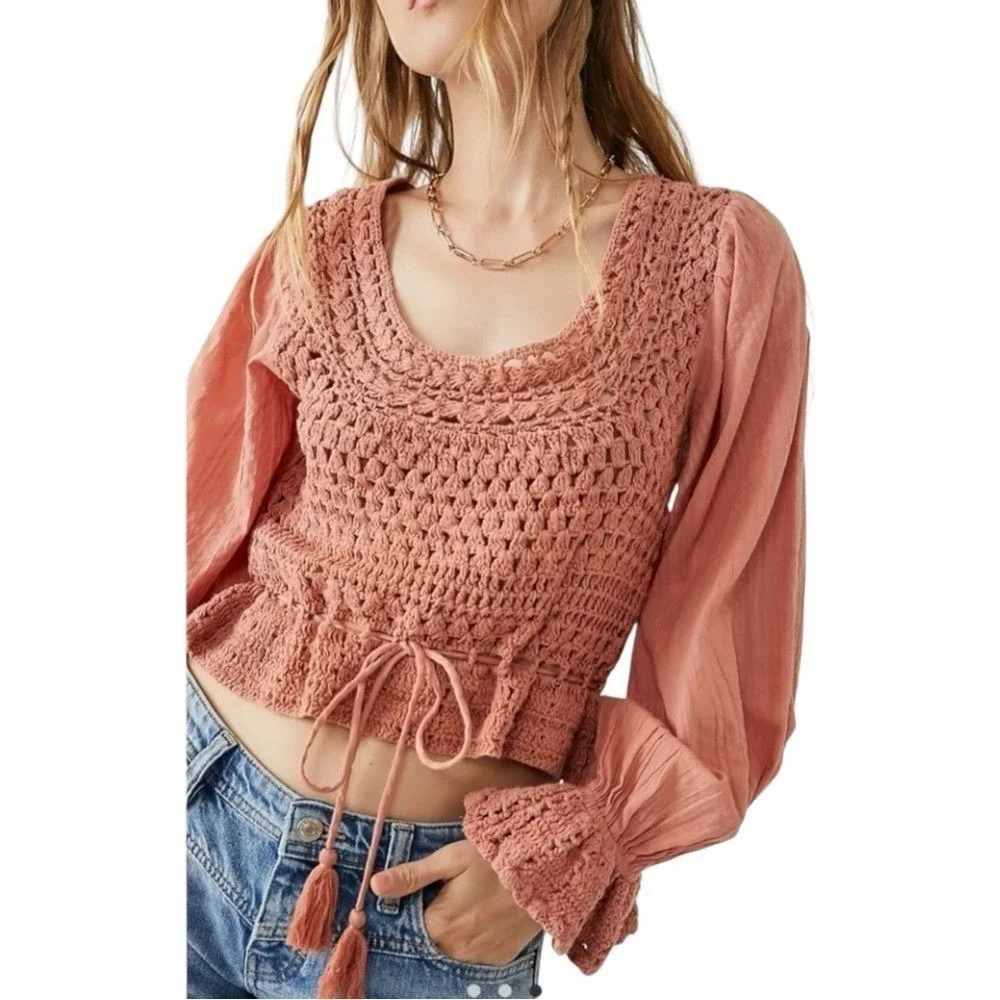 Free People Megan Crocheted Boho Puff Sleeve Cropped Top Coral Shirt XS $128 New